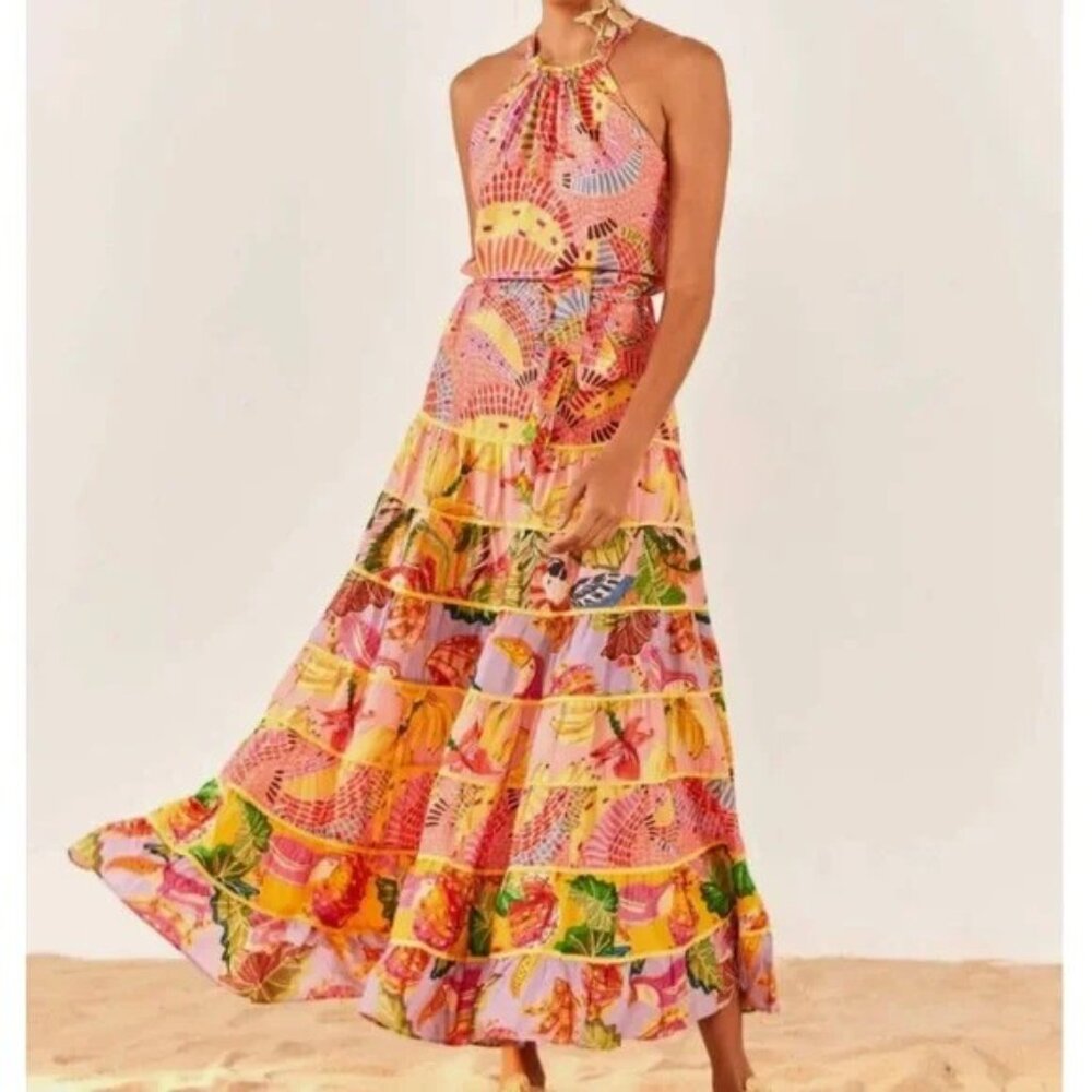 FARM RIO Mixed Fruit Tiered Crossback Maxi Sundress